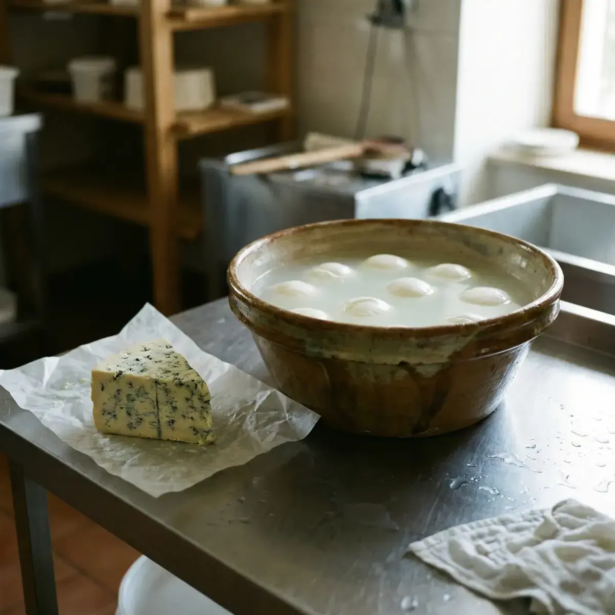 Fresh Mozzarella di Bufala in water and creamy Gorgonzola cheese at an artisan dairy.