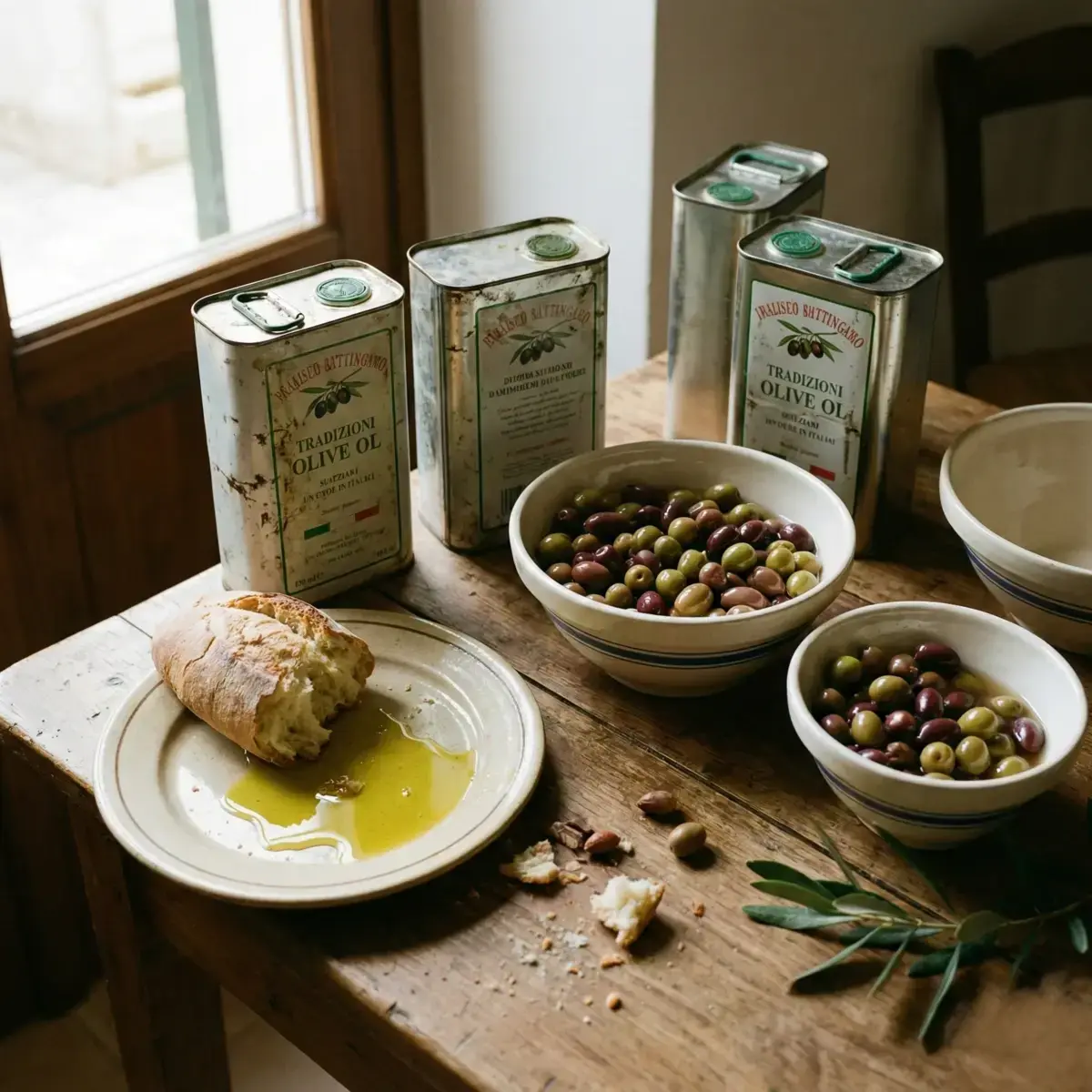 Traditional tins of extra virgin olive oil and a bowl of fresh Kalamata olives.