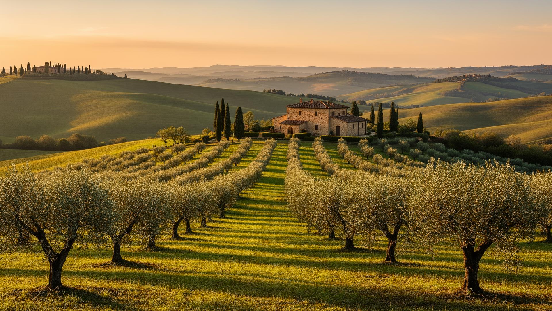 Tuscan olive grove at golden hour